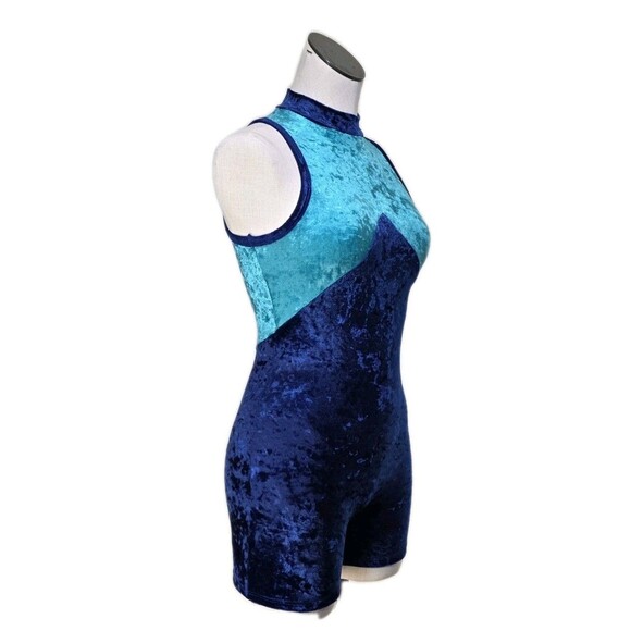 Gilda Marx VTG 90s High Neck Velvet Keyhole Biketard Unitard Dance Blue XS (Y/J) - Picture 3 of 16